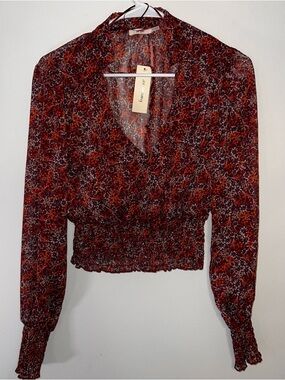 Francesca’s Floral Smocked Waist Long-Sleeve Brick Red Floral Cropped Blouse